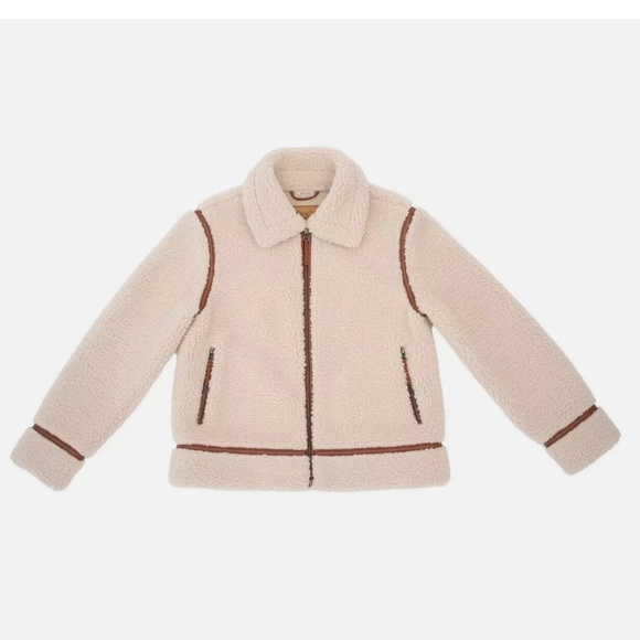 Final Markdown🎈 Bearpaw Ladies Moto Shearling Jacket Faux Leather Trim Cream Lg - Picture 4 of 6